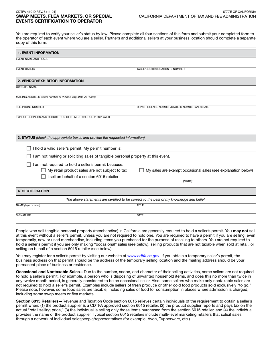 Form CDTFA-410-D Swap Meets, Flea Markets, or Special Events Certification to Operator - California, Page 1