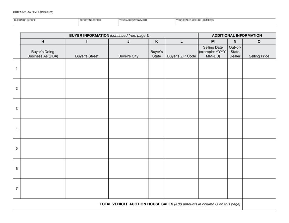 Form CDTFA-531-AA Vehicle Auction House Sales - California, Page 2