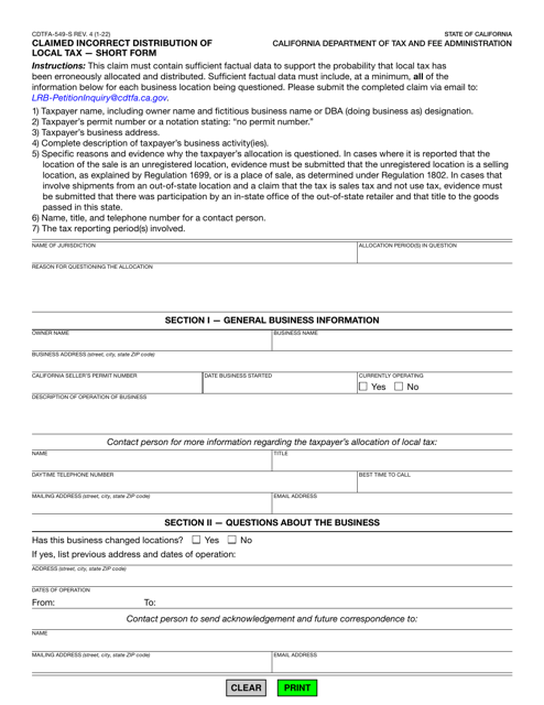 Form CDTFA-549-S Claimed Incorrect Distribution of Local Tax - Short Form - California