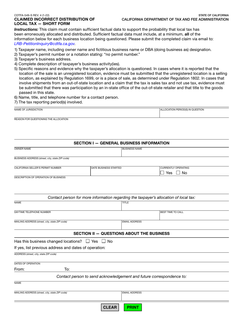 Form CDTFA 549 S Download Fillable PDF or Fill Online Claimed Incorrect