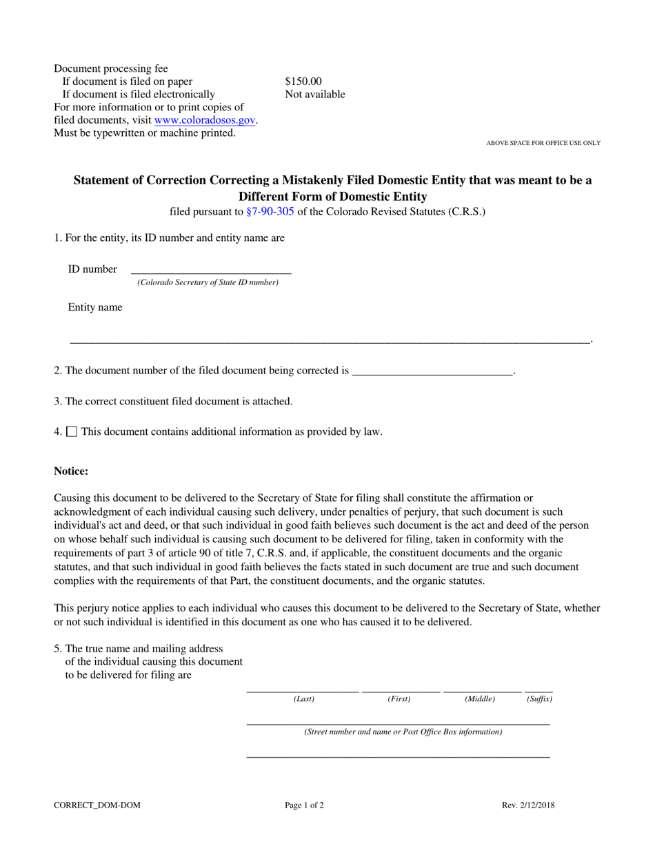 Statement of Correction Correcting a Mistakenly Filed Domestic Entity That Was Meant to Be a Different Form of Domestic Entity - Limited Liability Company - Colorado, Page 1