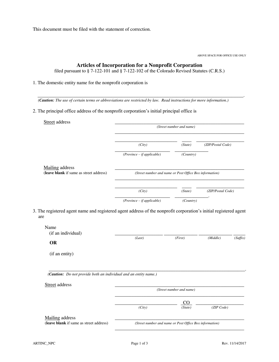 Statement of Correction Correcting a Mistakenly Filed Domestic Entity That Was Meant to Be a Different Form of Domestic Entity - Nonprofit Corporation - Colorado, Page 3