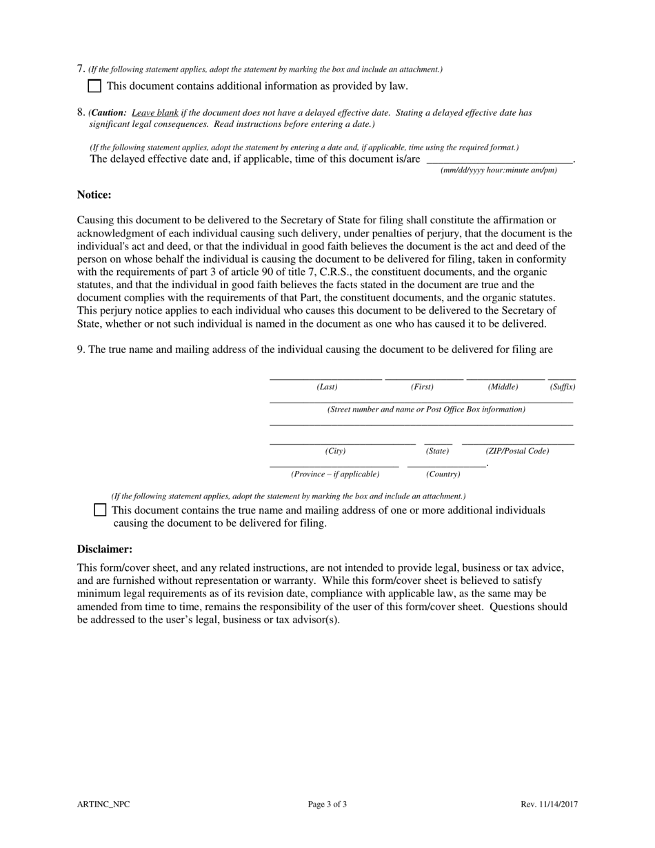 Statement of Correction Correcting a Mistakenly Filed Domestic Entity That Was Meant to Be a Different Form of Domestic Entity - Nonprofit Corporation - Colorado, Page 5