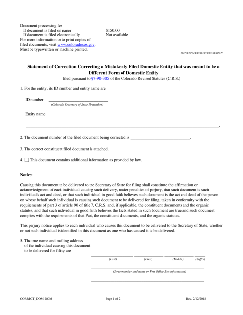 Statement of Correction Correcting a Mistakenly Filed Domestic Entity That Was Meant to Be a Different Form of Domestic Entity - Nonprofit Corporation - Colorado Download Pdf