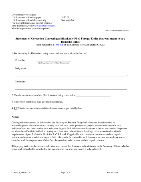 Statement of Correction Correcting a Mistakenly Filed Foreign Entity That Was Meant to Be a Domestic Entity - Limited Liability Partnership - Colorado Download Pdf