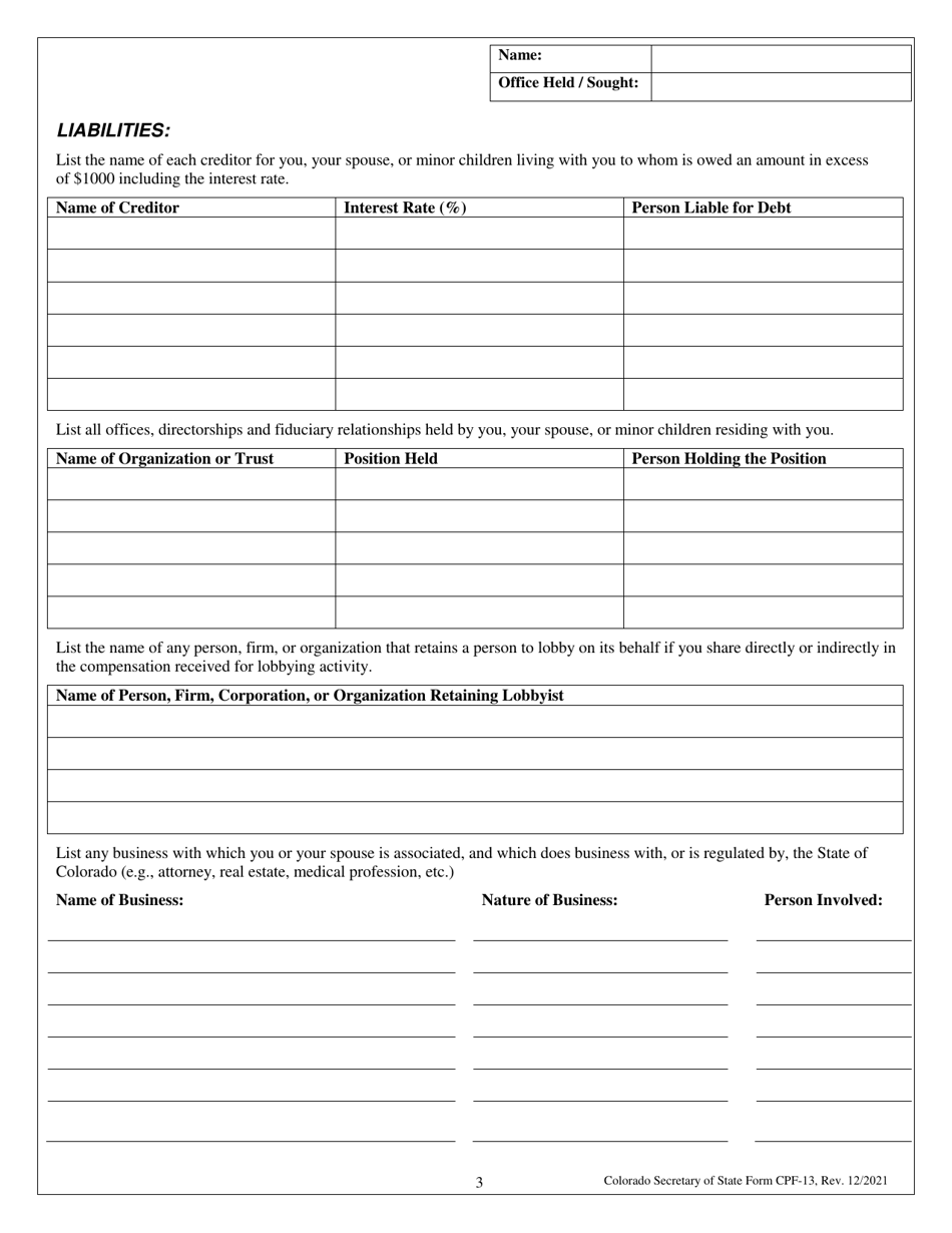 Form CPF-13 Personal Financial Disclosure Statement - Colorado, Page 3