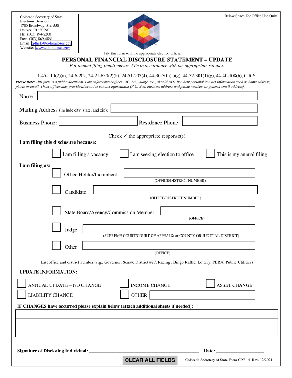 Form CPF-14 Personal Financial Disclosure Statement - Update - Colorado, Page 1