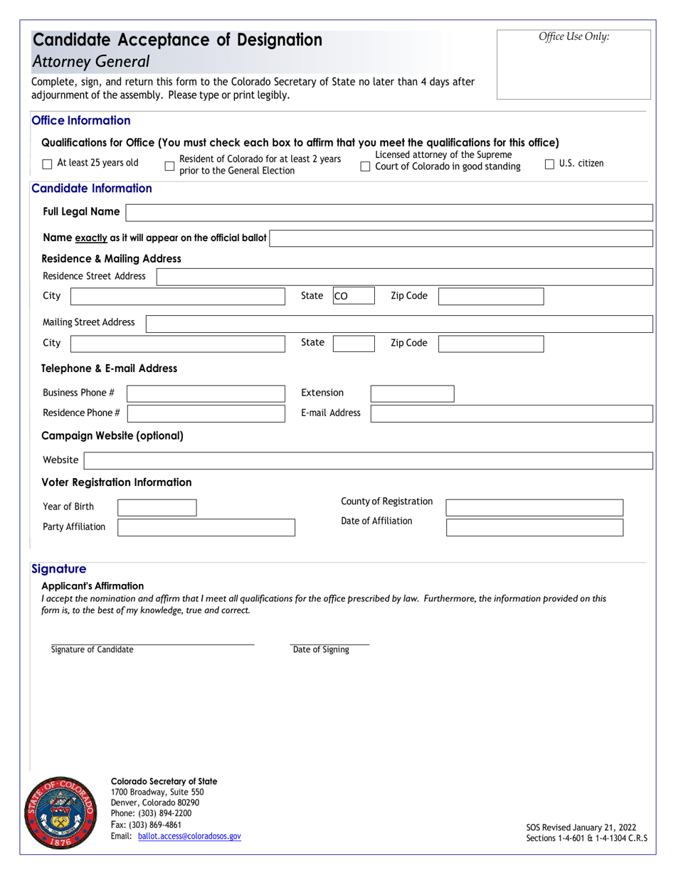 Colorado Candidate Acceptance of Designation Attorney General