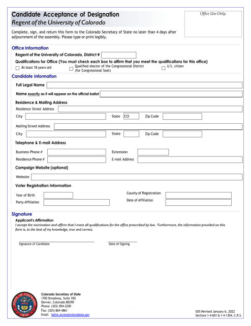 Candidate Acceptance of Designation - Regent of the University of Colorado - Colorado Download Pdf