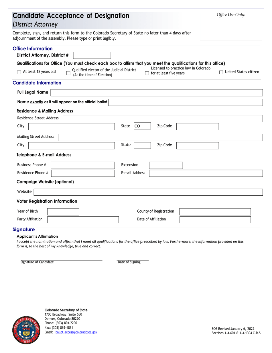 Candidate Acceptance of Designation - District Attorney - Colorado, Page 1