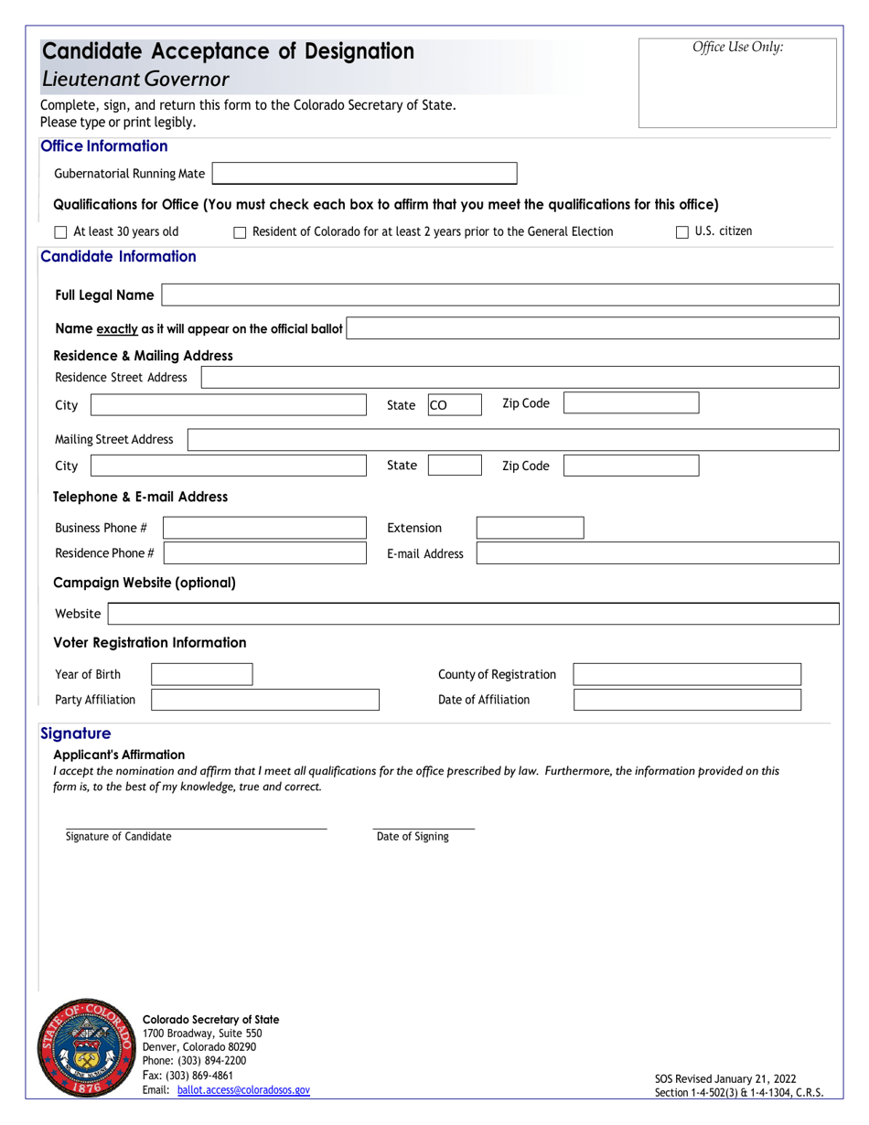 Candidate Acceptance of Designation - Lieutenant Governor - Colorado, Page 1