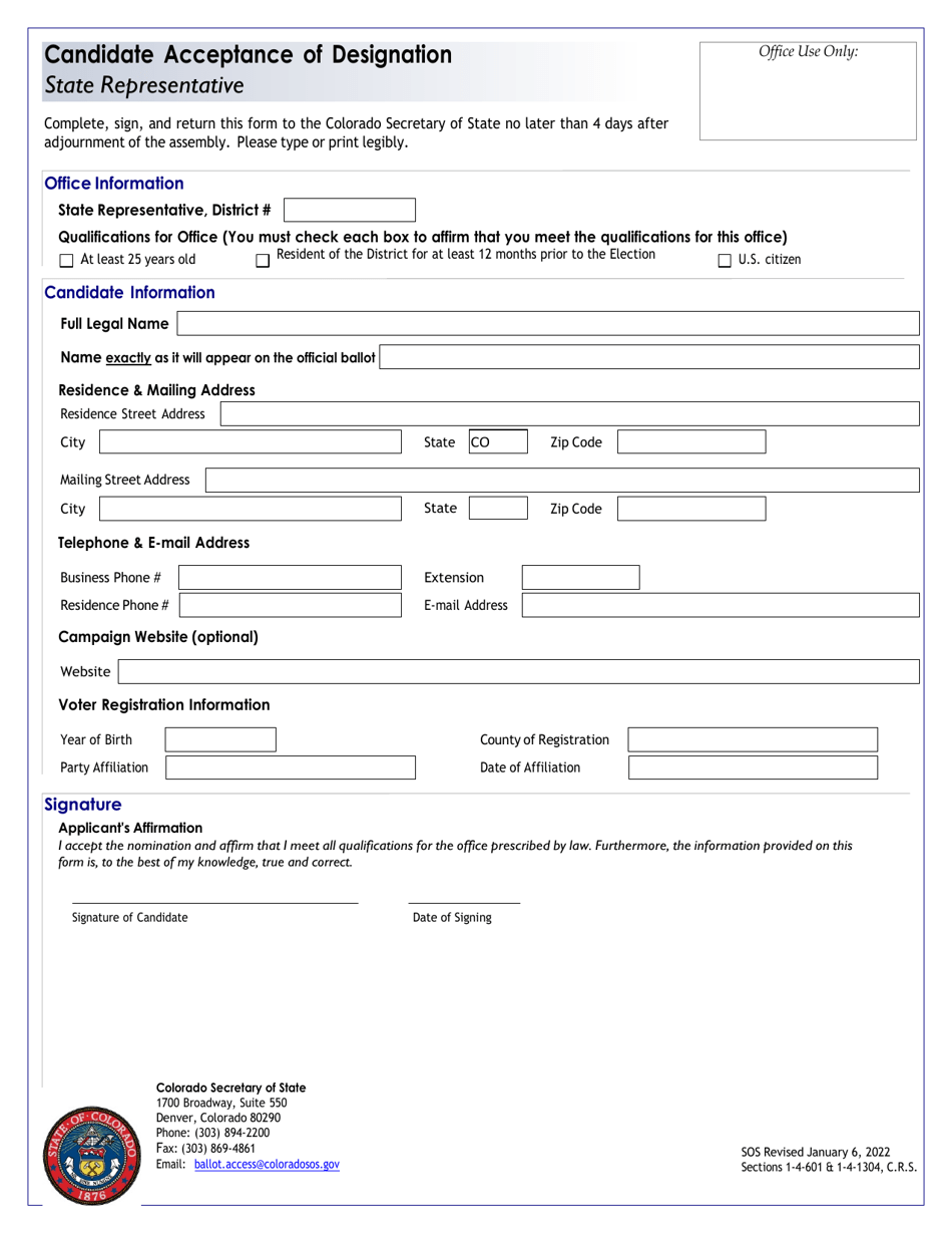 Colorado Candidate Acceptance of Designation - State Representative ...