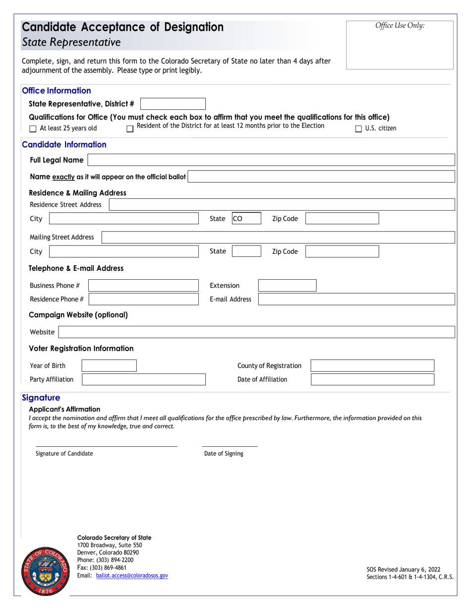 Candidate Acceptance of Designation - State Representative - Colorado, Page 1