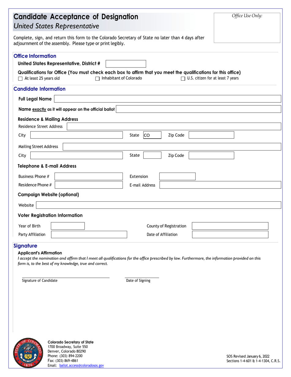Candidate Acceptance of Designation - United States Representative - Colorado, Page 1