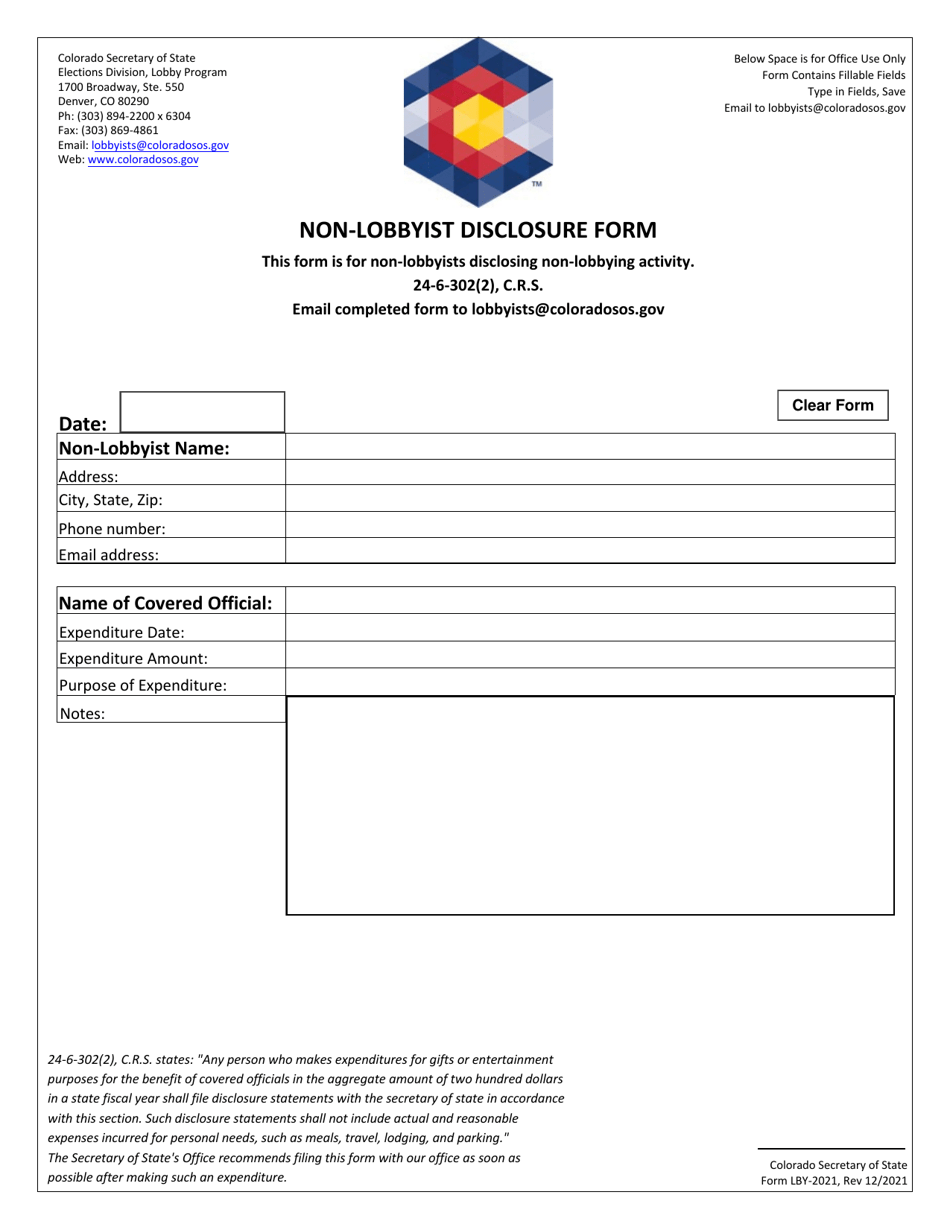 Form LBY-2021 Non-lobbyist Disclosure Form - Colorado, Page 1