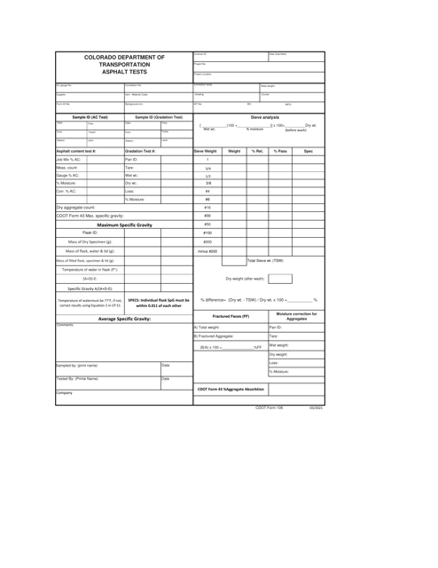 CDOT Form 106 Asphalt Tests - Colorado