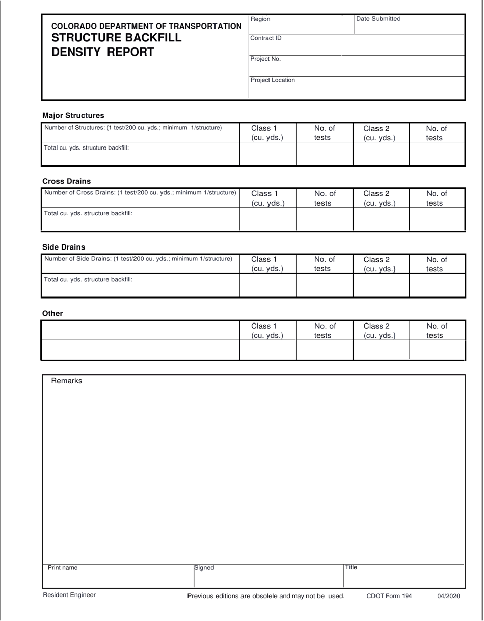 CDOT Form 194 Structure Backfill Density Report - Colorado, Page 1