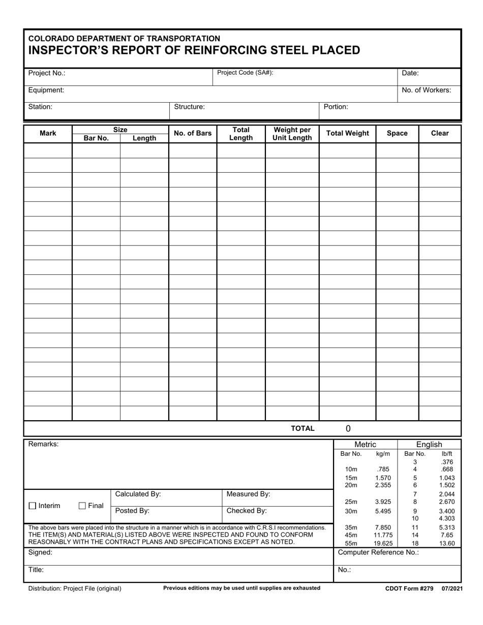 CDOT Form 279 Download Fillable PDF or Fill Online Inspector's Report