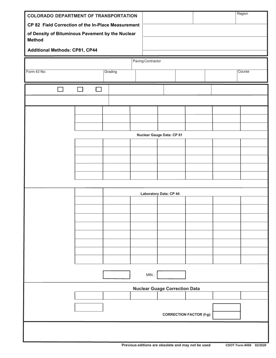 CDOT Form 469 Field Correction of the in-Place Measurement of Density of Bituminous Pavement by the Nuclear Method - Colorado, Page 1