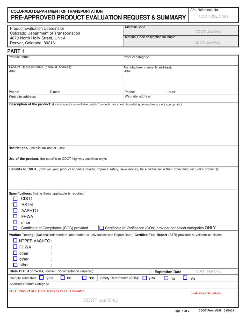 CDOT Form 595 Pre-approved Product Evaluation Request  Summary - Colorado, Page 1