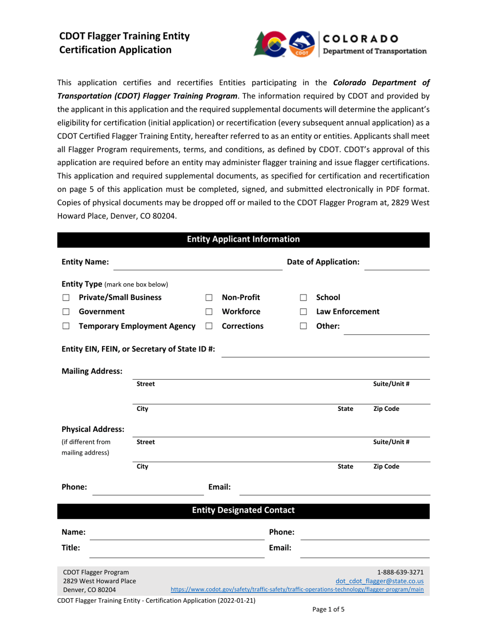 CDOT Flagger Training Entity Certification Application - Colorado, Page 1