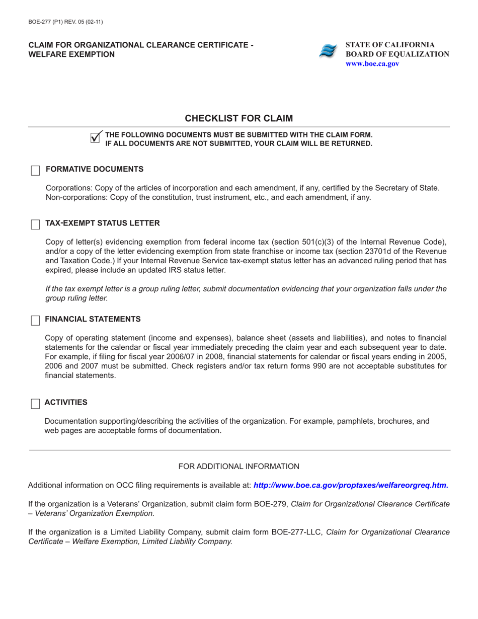 Form BOE-277 Claim for Organizational Clearance Certificate - Welfare Exemption - California, Page 1