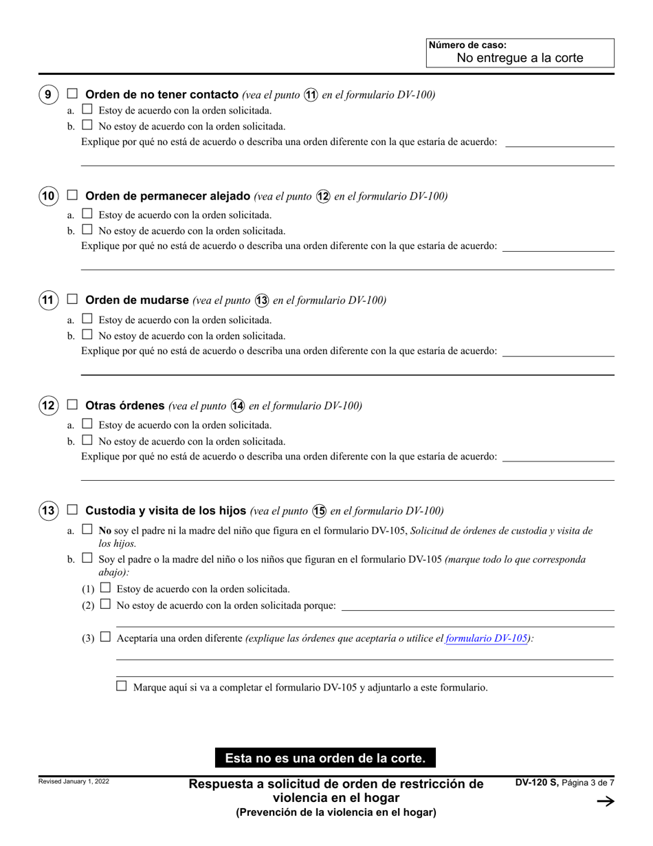 Formulario DV-120 Respuesta a Solicitud De Orden De Restriccion De Violencia En El Hogar - California (Spanish), Page 3