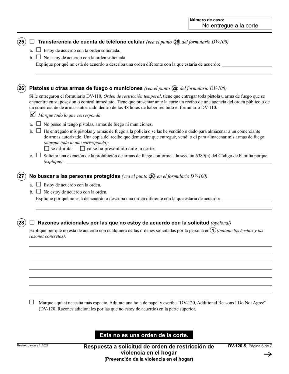 Formulario DV-120 Respuesta a Solicitud De Orden De Restriccion De Violencia En El Hogar - California (Spanish), Page 6