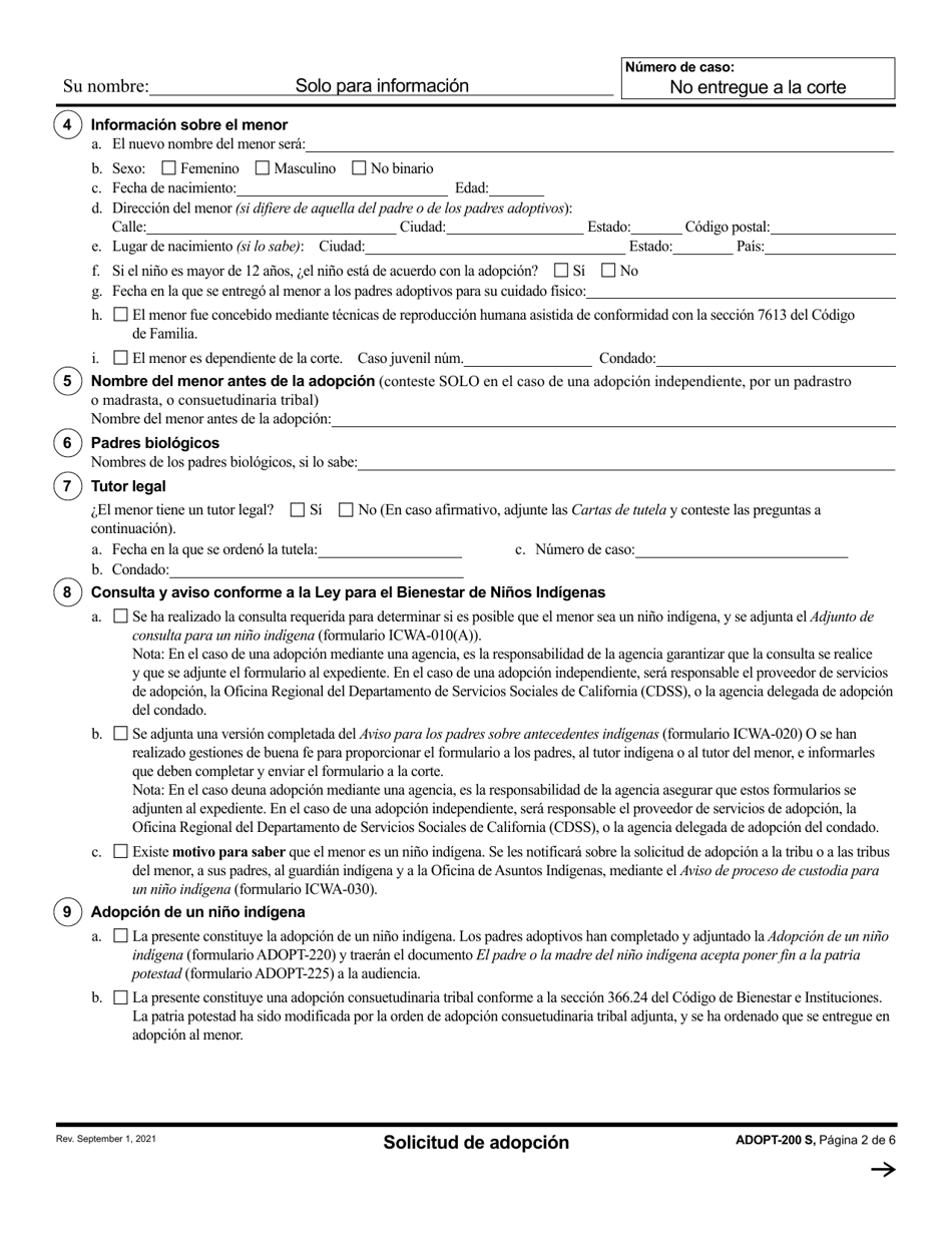 Formulario ADOPT-200 Solicitud De Adopcion - California (Spanish), Page 2