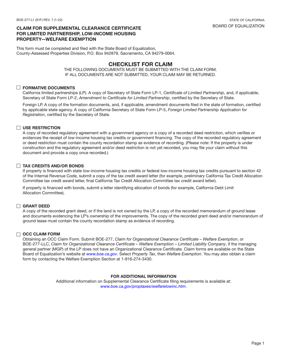 Form BOE-277-L1 Claim for Supplemental Clearance Certificate for Limited Partnership, Low-Income Housing Property - Welfare Exemption - California, Page 1