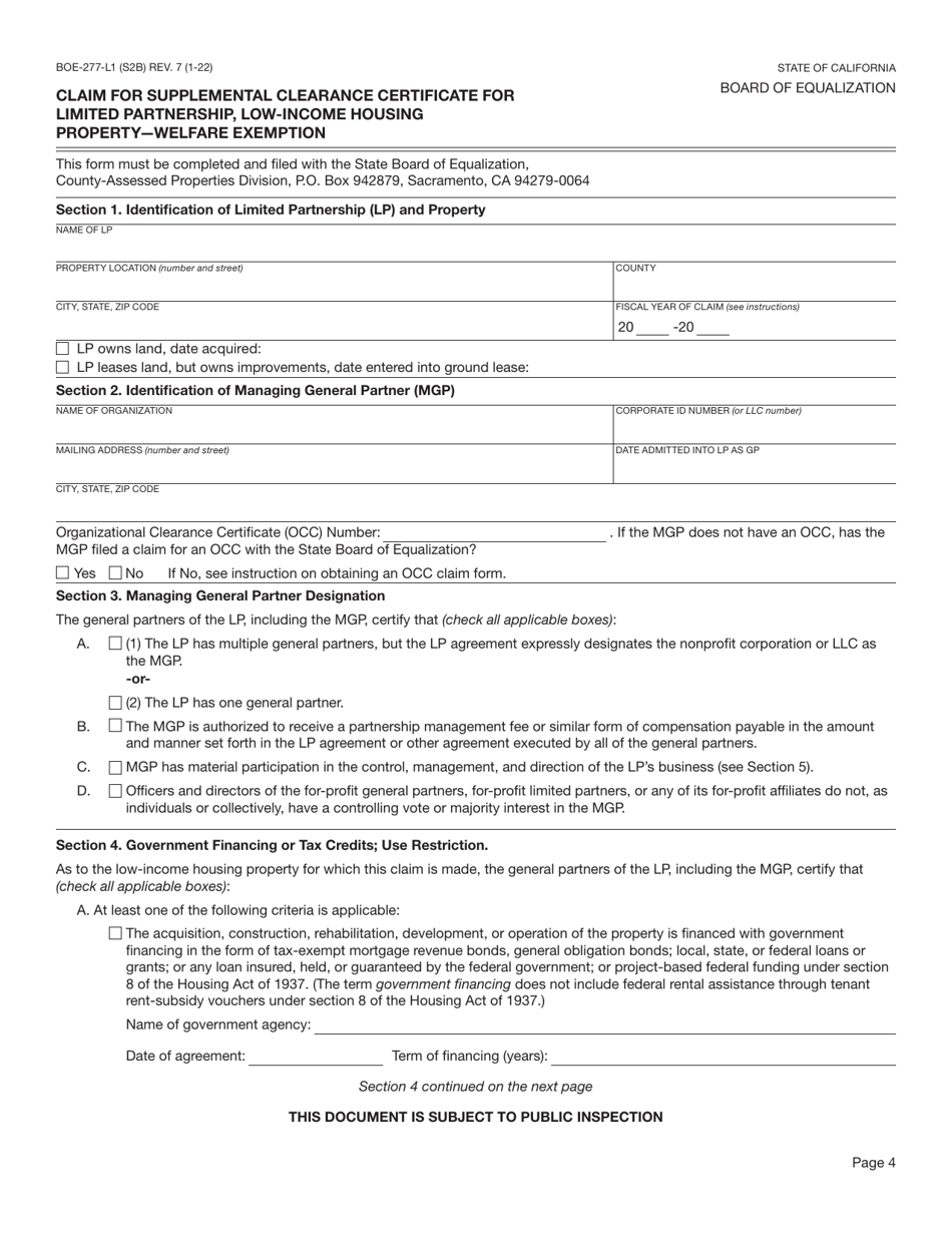 Form BOE-277-L1 Claim for Supplemental Clearance Certificate for Limited Partnership, Low-Income Housing Property - Welfare Exemption - California, Page 4