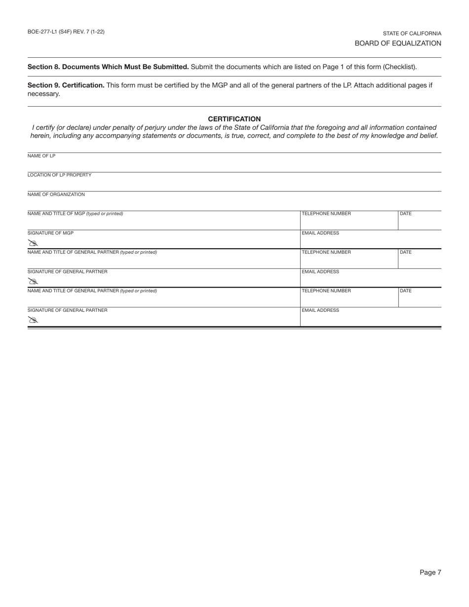 Form BOE-277-L1 Claim for Supplemental Clearance Certificate for Limited Partnership, Low-Income Housing Property - Welfare Exemption - California, Page 7