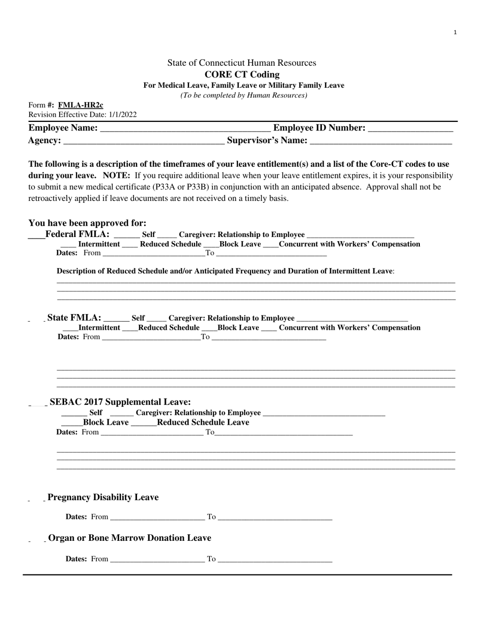 Form FMLA-HR2C Core Ct Coding for Medical Leave, Family Leave or Military Family Leave - Connecticut, Page 1