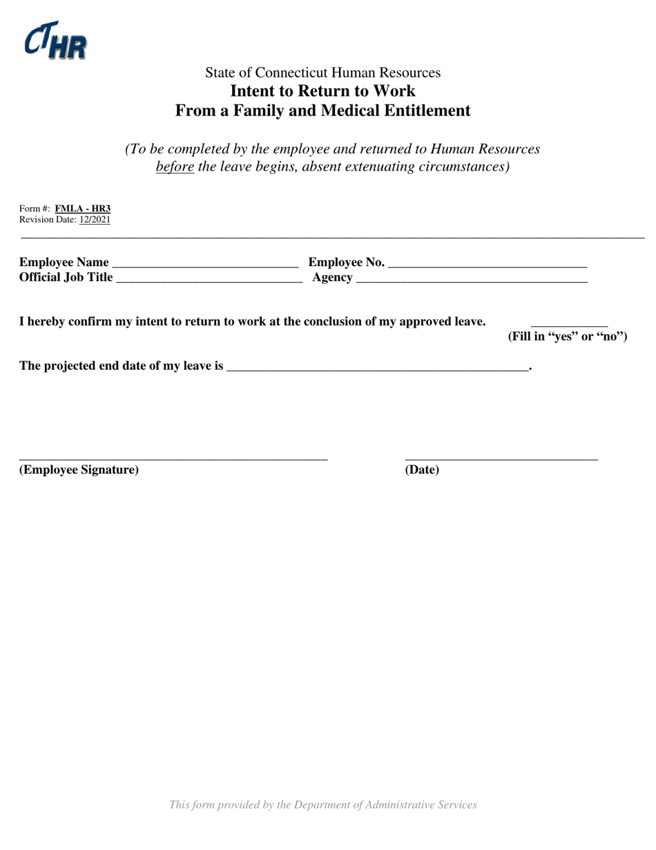 Form FMLA-HR3 Intent to Return to Work From a Family and Medical Entitlement - Connecticut, Page 1