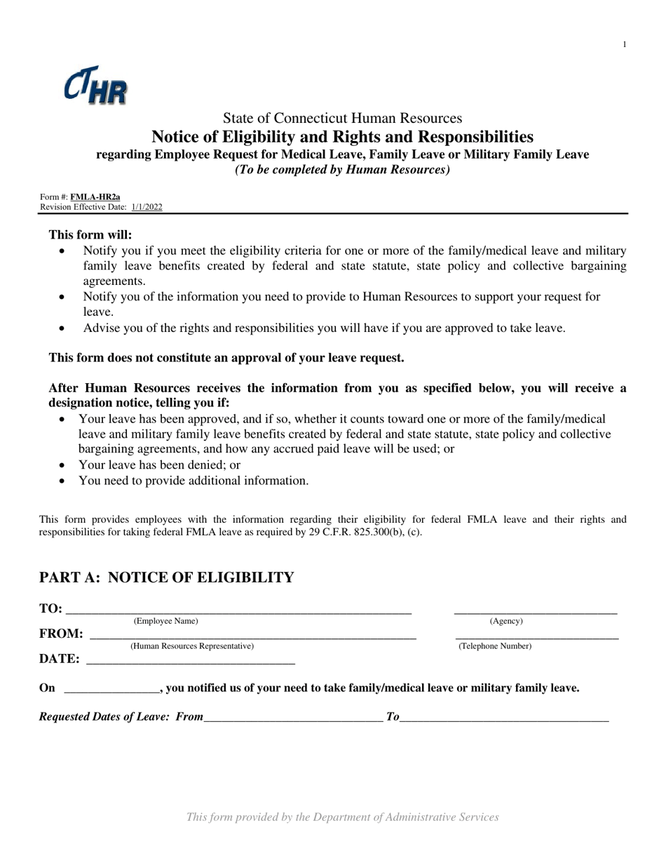 Form FMLA-HR2A Notice of Eligibility and Rights and Responsibilities Regarding Employee Request for Medical Leave, Family Leave or Military Family Leave - Connecticut, Page 1