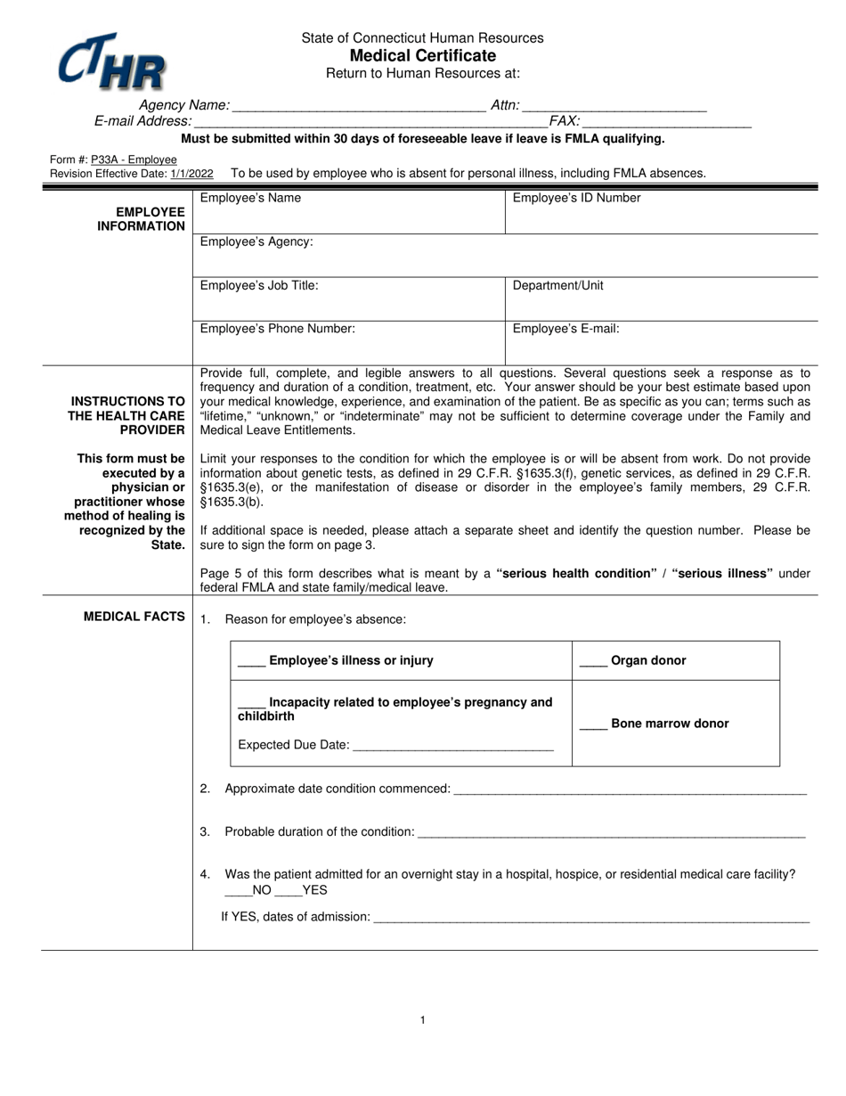 Form P33A Download Fillable PDF or Fill Online Employee Medical Certificate, Connecticut 2011