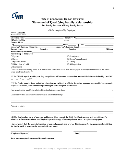 Form FMLA-HR4 Statement of Qualifying Family Relationship for Family Leave or Military Family Leave - Connecticut