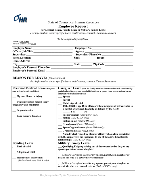 Form FMLA-HR1 Employee Request for Medical Leave, Family Leave or Military Family Leave - Connecticut
