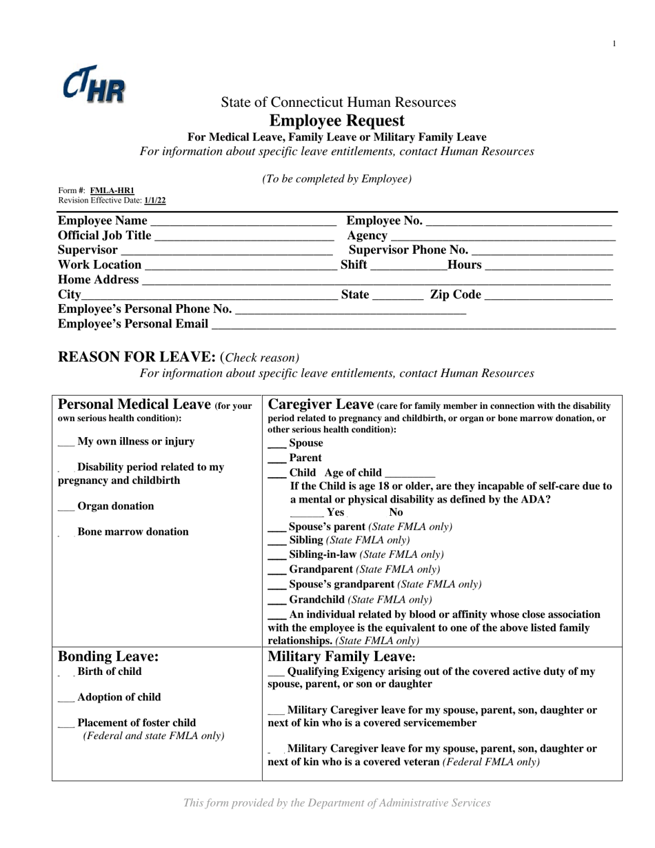 Form FMLA-HR1 Employee Request for Medical Leave, Family Leave or Military Family Leave - Connecticut, Page 1