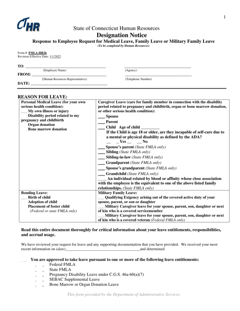 Form FMLA-HR2B Designation Notice - Response to Employee Request for Medical Leave, Family Leave or Military Family Leave - Connecticut
