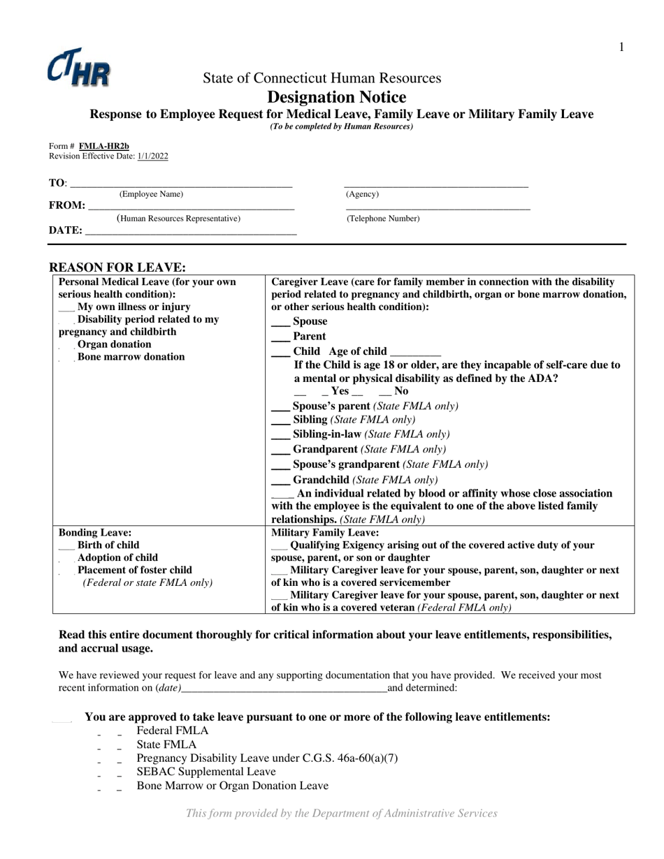 Form FMLA-HR2B Designation Notice - Response to Employee Request for Medical Leave, Family Leave or Military Family Leave - Connecticut, Page 1