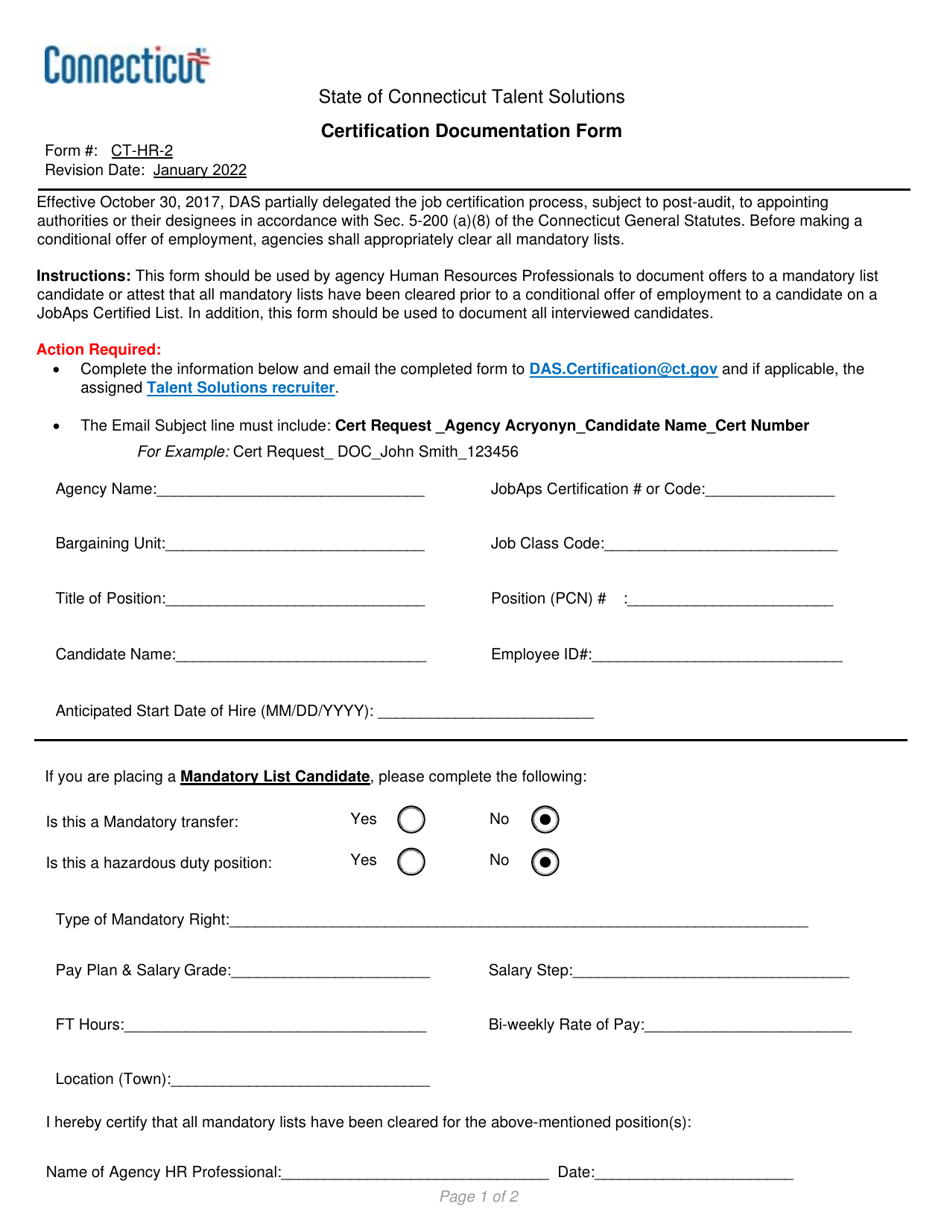 Form CT-HR-2 Certification Documentation Form - Connecticut, Page 1