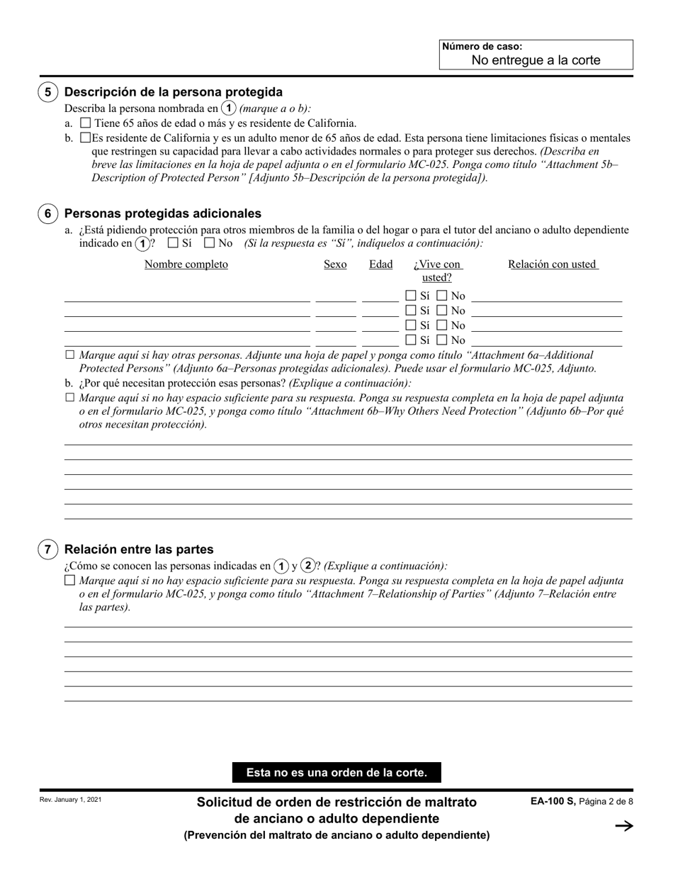 Formulario EA-100 Solicitud De Orden De Restriccion De Maltrato De Anciano O Adulto Dependiente - California (Spanish), Page 2