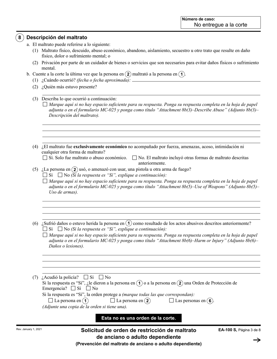 Formulario EA-100 Solicitud De Orden De Restriccion De Maltrato De Anciano O Adulto Dependiente - California (Spanish), Page 3