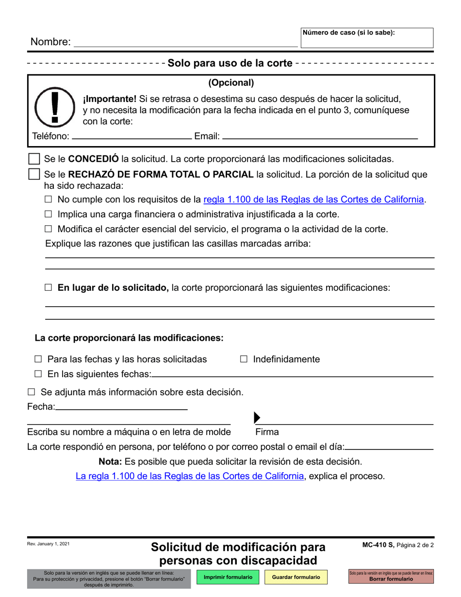 Formulario MC-410 Solicitud De Modificacion Para Personas Con Discapacidad - California (Spanish), Page 2