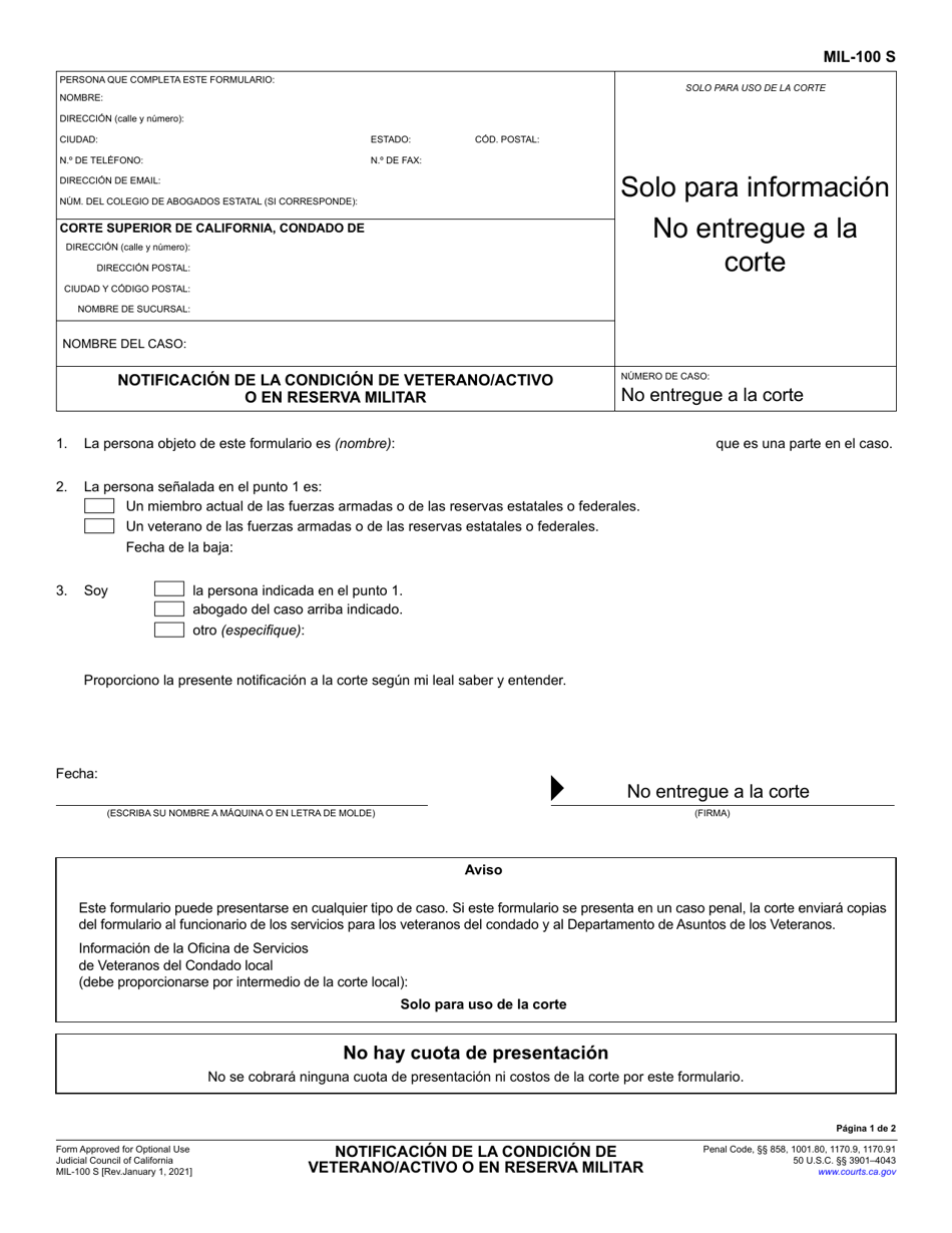 Formulario MIL-100 Notificacion De La Condicion De Veterano / Activo O En Reserva Militar - California (Spanish), Page 1