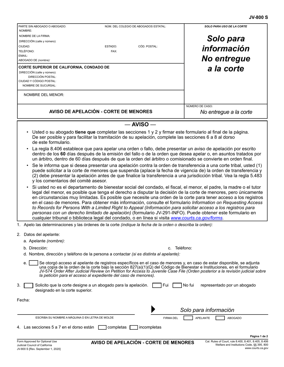 Formulario JV-800 Aviso De Apelacion - Corte De Menores - California (Spanish), Page 1