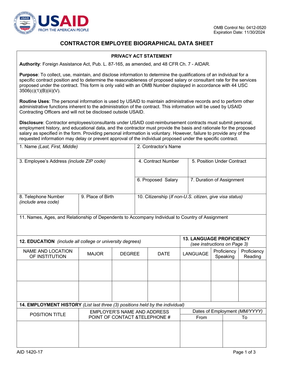 Form AID1420-17 Contractor Employee Biographical Data Sheet, Page 1