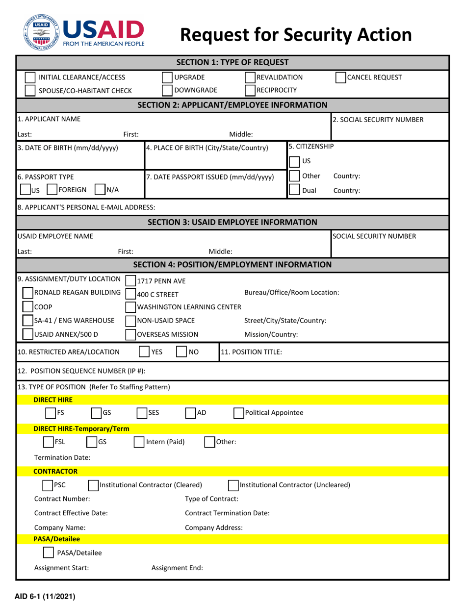 Form AID6-1 Request for Security Action, Page 1