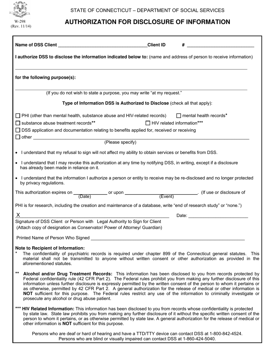Form W-298 Authorization for Disclosure of Information - Connecticut, Page 1